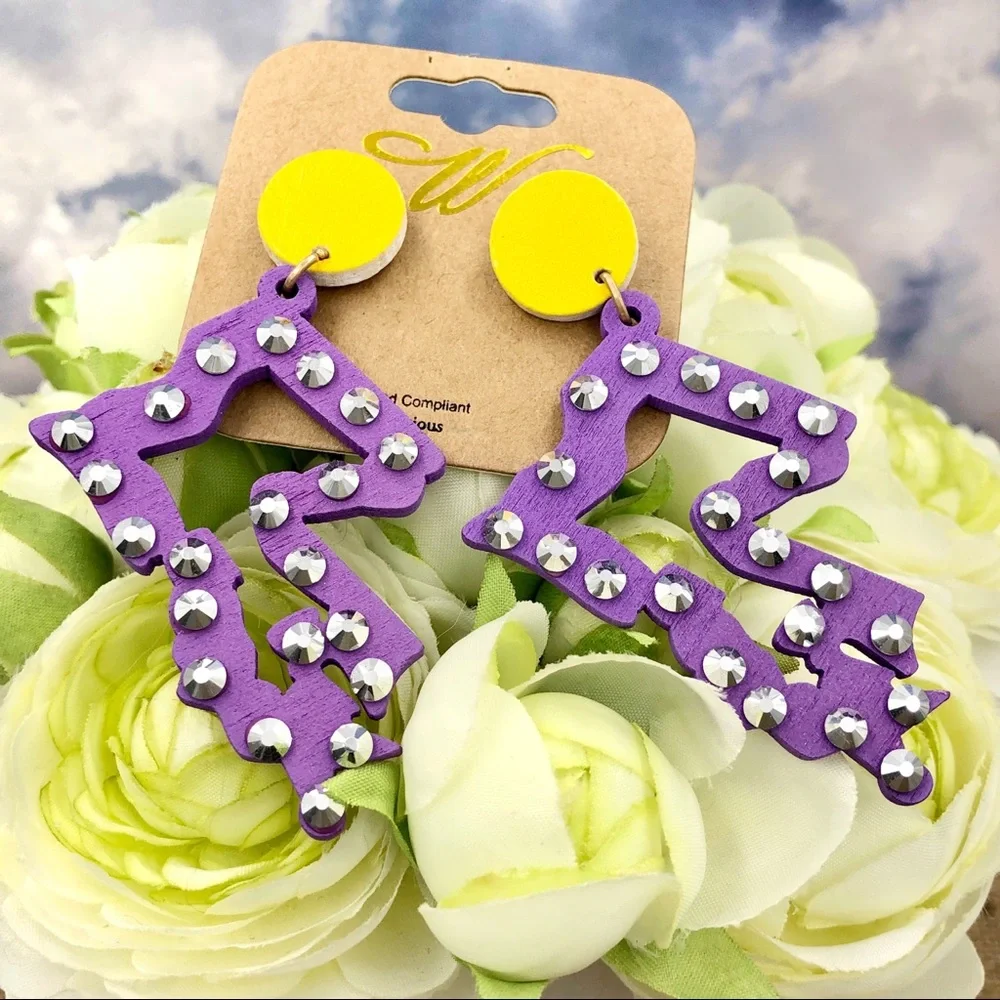 Large Louisiana State Shape Bling Wood Earrings - Picture 1 of 5